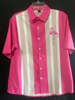Vintage Retro Style Men's Pink and White Striped Flamingo Bowling Shirt